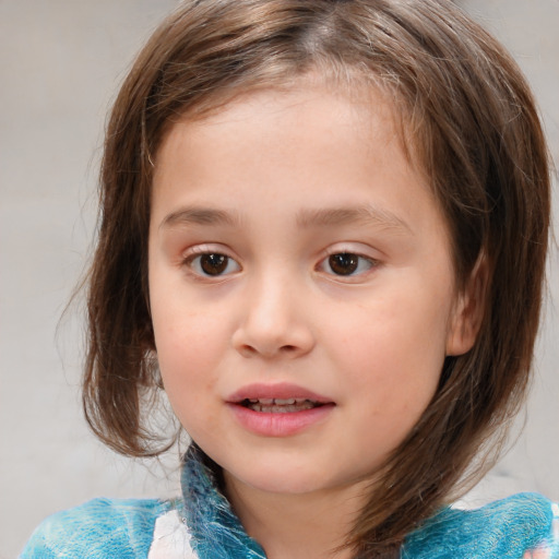 Joyful white child female with medium  brown hair and brown eyes