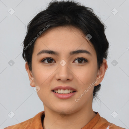 Joyful asian young-adult female with short  brown hair and brown eyes