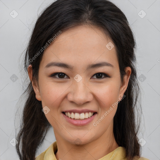 Joyful asian young-adult female with medium  brown hair and brown eyes