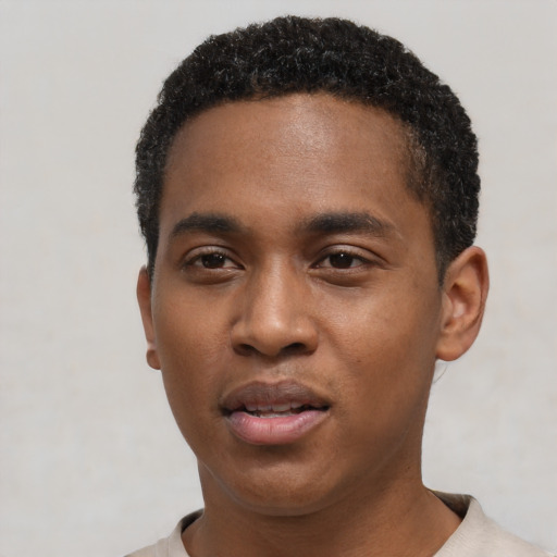 Neutral black young-adult male with short  black hair and brown eyes