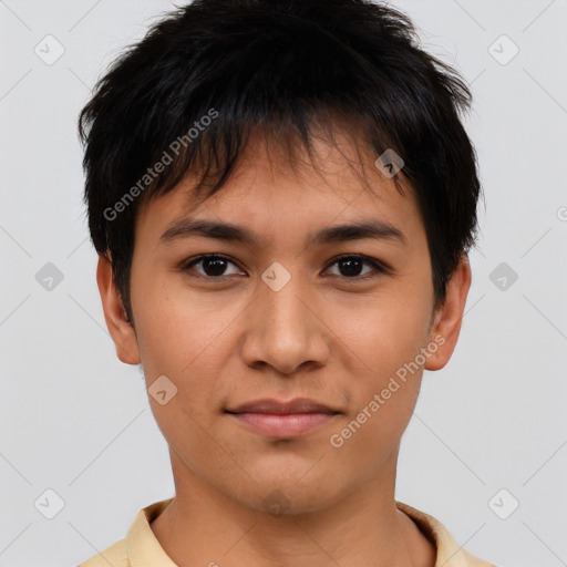 Joyful asian young-adult male with short  brown hair and brown eyes