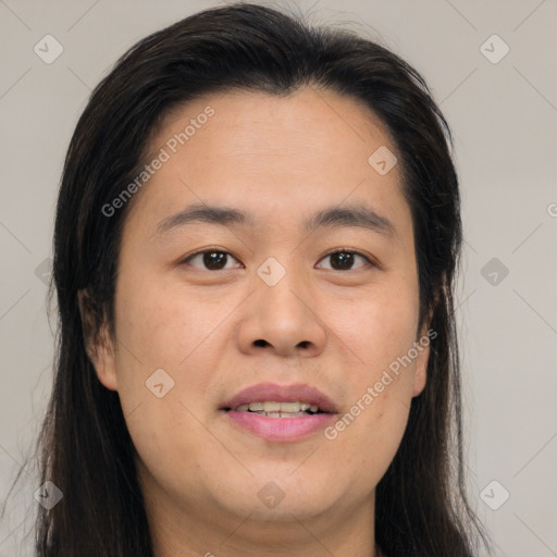 Joyful white young-adult female with medium  brown hair and brown eyes