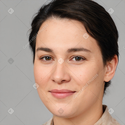 Joyful white young-adult female with medium  brown hair and brown eyes