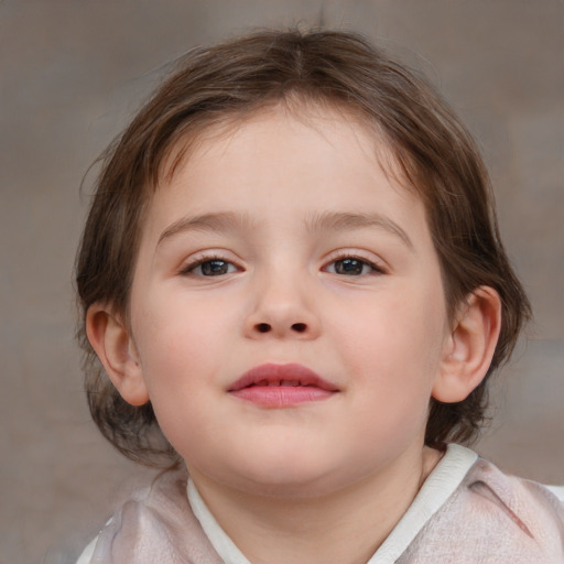 Joyful white child female with medium  brown hair and blue eyes