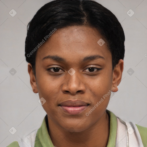 Joyful latino young-adult female with short  black hair and brown eyes