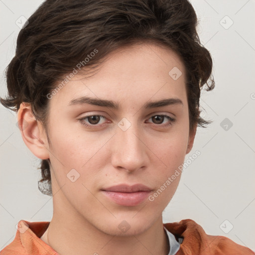 Neutral white young-adult female with short  brown hair and brown eyes