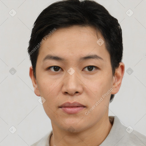 Neutral asian young-adult male with short  brown hair and brown eyes