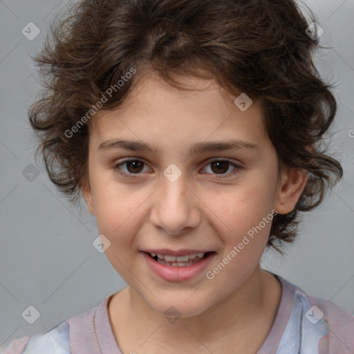 Joyful white child female with medium  brown hair and brown eyes