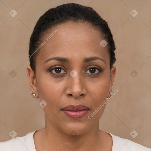 Joyful black young-adult female with short  black hair and brown eyes