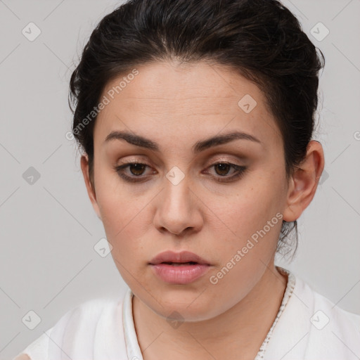 Neutral white young-adult female with short  brown hair and brown eyes