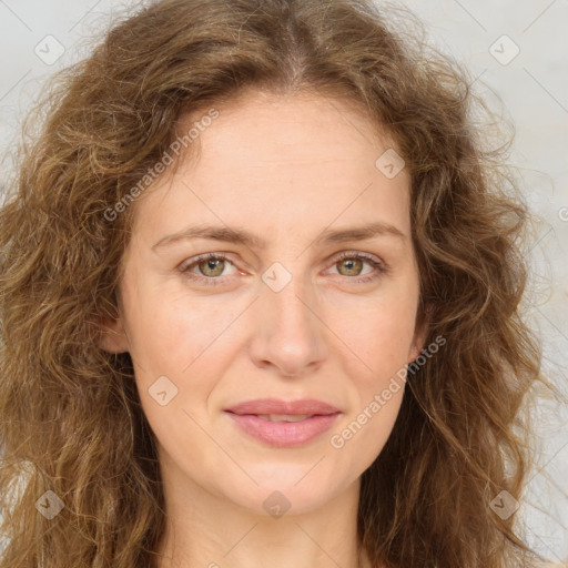 Joyful white young-adult female with long  brown hair and green eyes