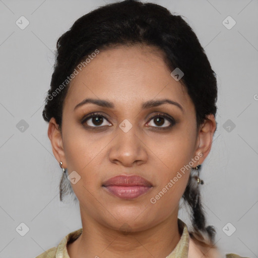 Joyful latino young-adult female with short  brown hair and brown eyes