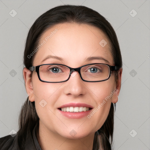 Joyful white young-adult female with medium  brown hair and blue eyes