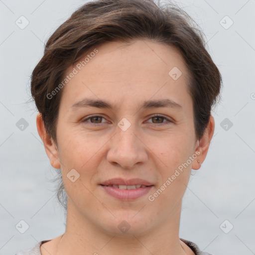 Joyful white young-adult female with short  brown hair and brown eyes