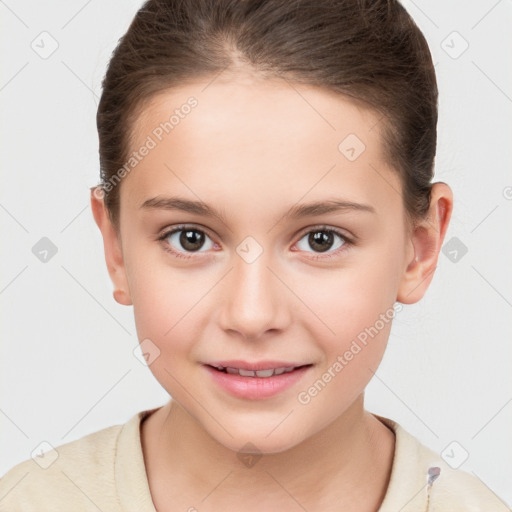 Joyful white child female with short  brown hair and brown eyes