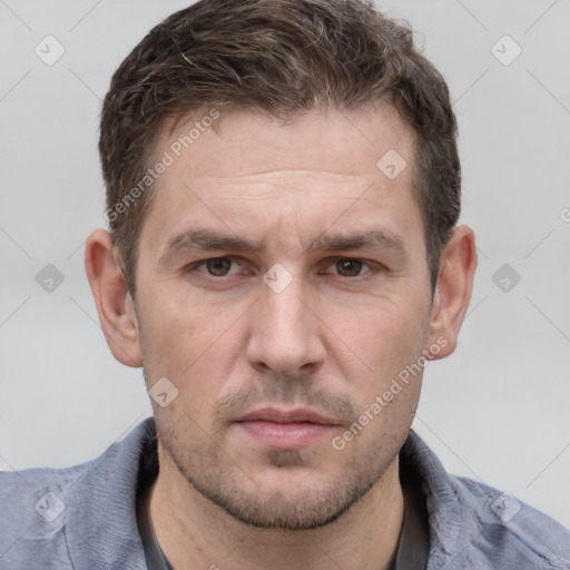 Neutral white adult male with short  brown hair and brown eyes