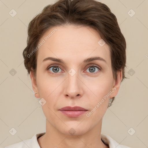 Neutral white young-adult female with short  brown hair and grey eyes