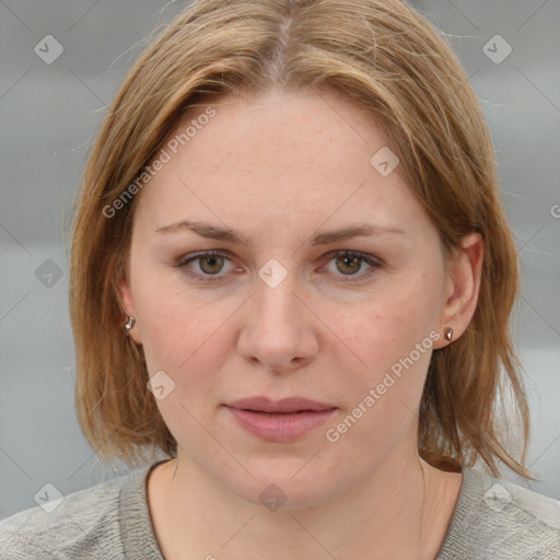 Joyful white young-adult female with medium  brown hair and blue eyes