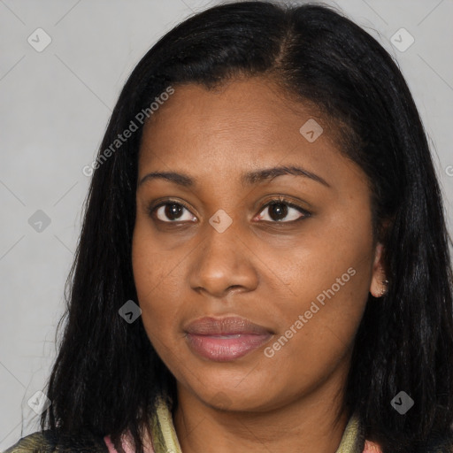 Joyful asian young-adult female with long  brown hair and brown eyes