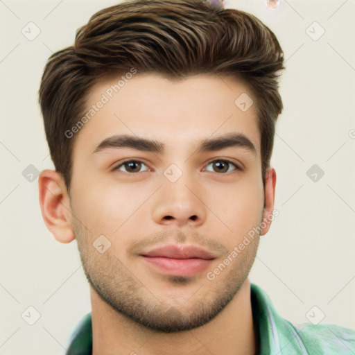 Neutral white young-adult male with short  brown hair and brown eyes