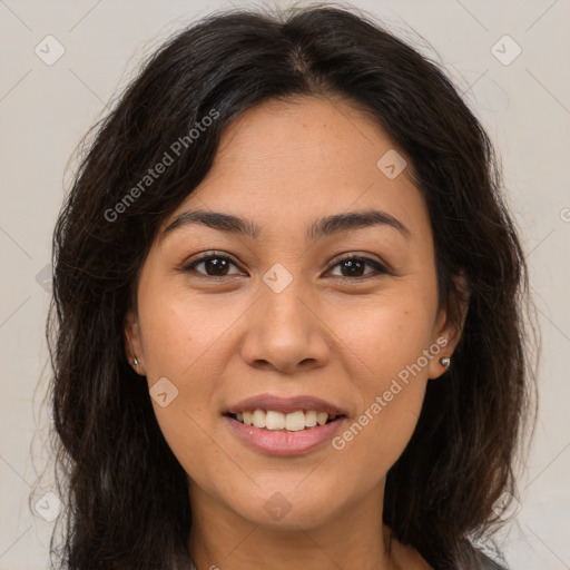 Joyful white young-adult female with long  brown hair and brown eyes