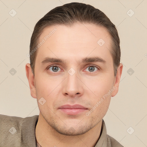 Neutral white young-adult male with short  brown hair and brown eyes