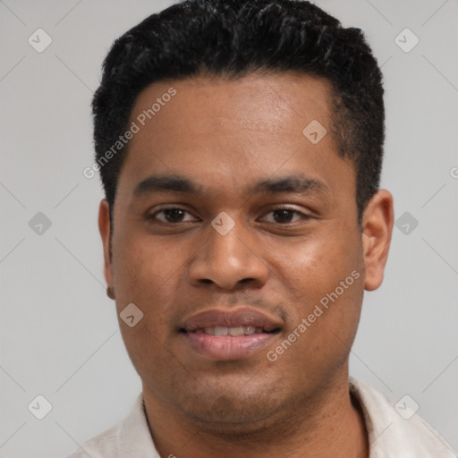 Joyful latino young-adult male with short  black hair and brown eyes