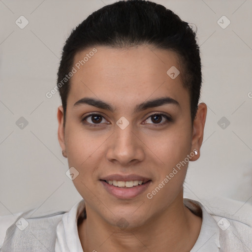 Joyful white young-adult female with short  brown hair and brown eyes