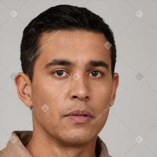 Neutral latino young-adult male with short  black hair and brown eyes