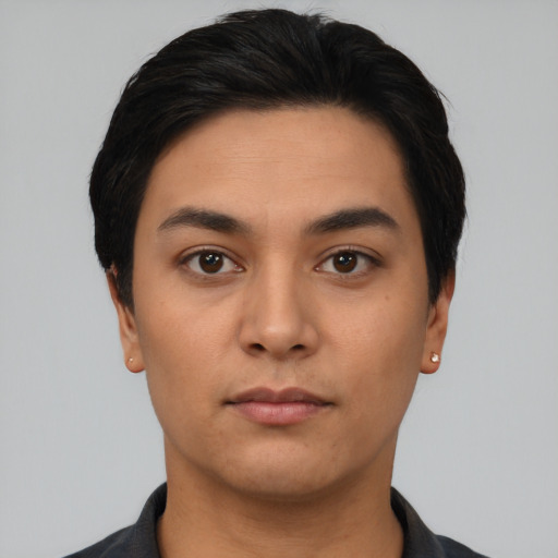 Neutral asian young-adult female with short  black hair and brown eyes