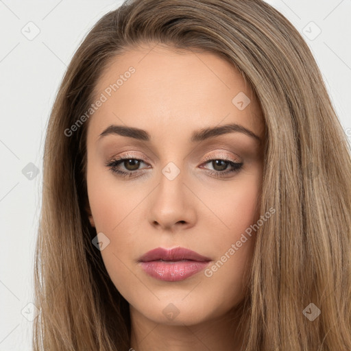 Neutral white young-adult female with long  brown hair and brown eyes