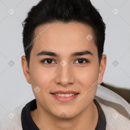 Joyful latino young-adult male with short  brown hair and brown eyes