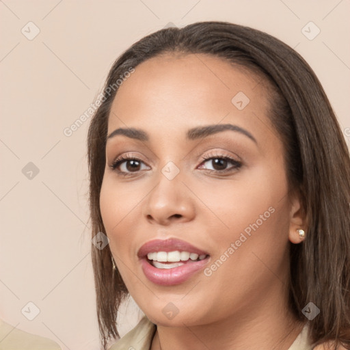 Joyful white young-adult female with long  brown hair and brown eyes