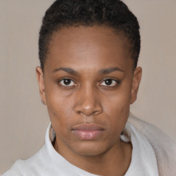 Neutral black young-adult female with short  black hair and brown eyes