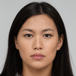 Neutral asian young-adult female with long  brown hair and brown eyes