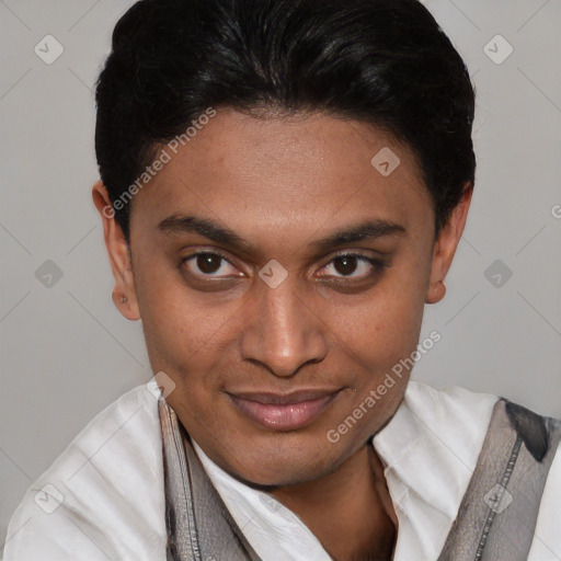 Joyful latino young-adult female with short  black hair and brown eyes