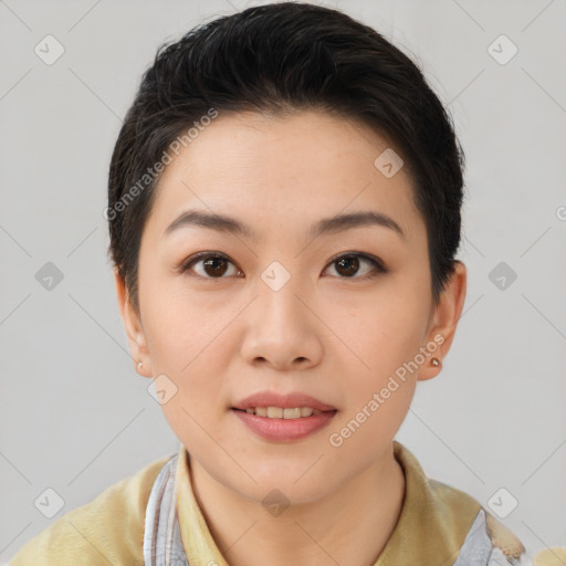 Joyful asian young-adult female with short  brown hair and brown eyes