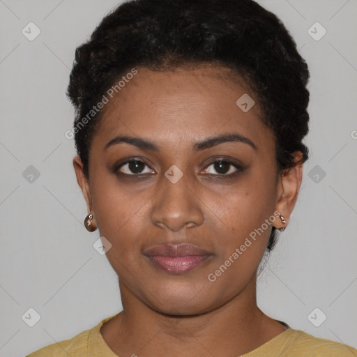 Joyful latino young-adult female with short  black hair and brown eyes