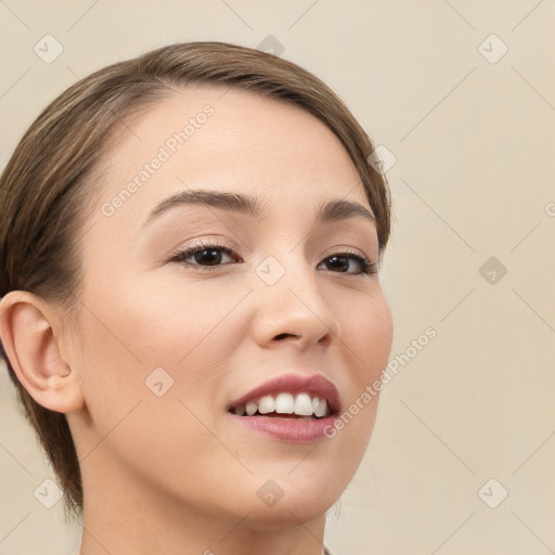 Joyful white young-adult female with medium  brown hair and brown eyes