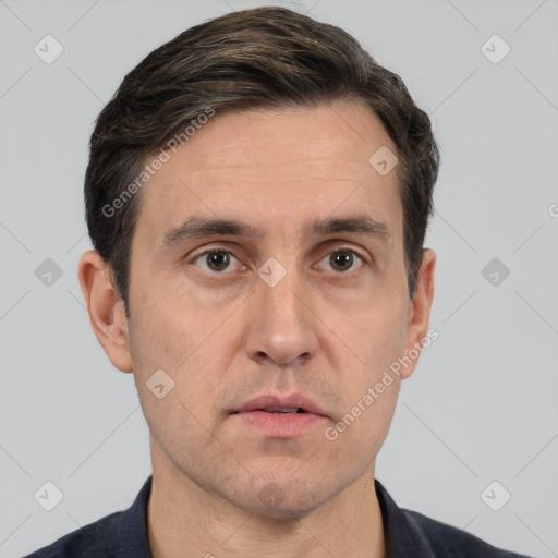 Neutral white adult male with short  brown hair and brown eyes