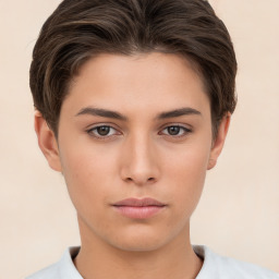 Neutral white young-adult female with short  brown hair and brown eyes