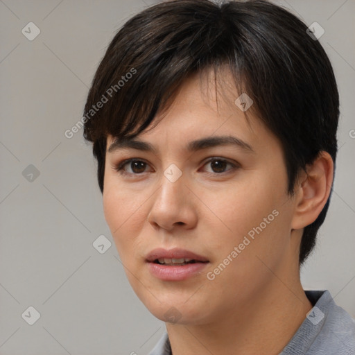 Joyful white young-adult female with medium  brown hair and brown eyes