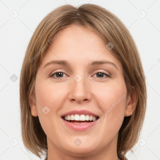 Joyful white young-adult female with medium  brown hair and green eyes