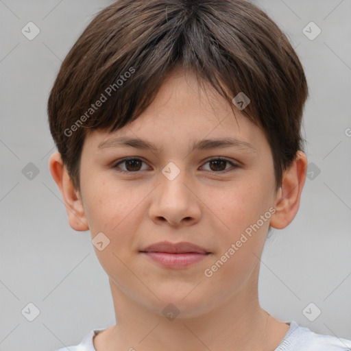 Joyful white child female with short  brown hair and brown eyes