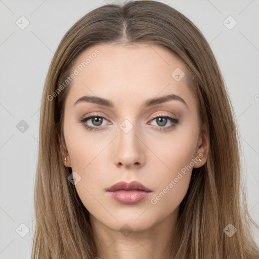 Neutral white young-adult female with long  brown hair and brown eyes