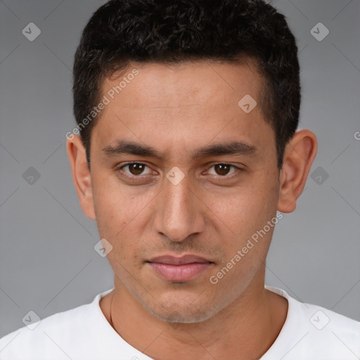 Neutral white young-adult male with short  brown hair and brown eyes