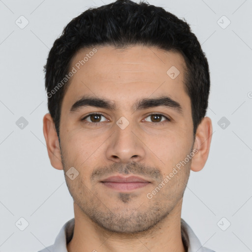 Neutral latino young-adult male with short  black hair and brown eyes