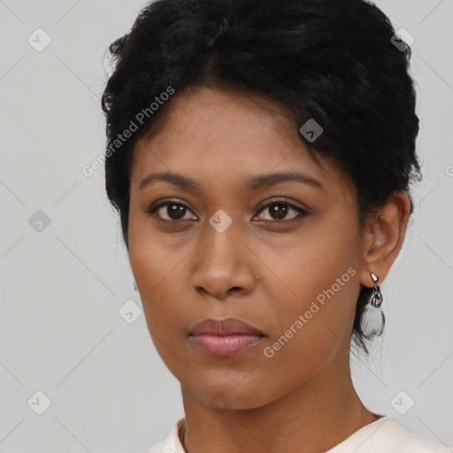 Neutral black young-adult female with short  black hair and brown eyes