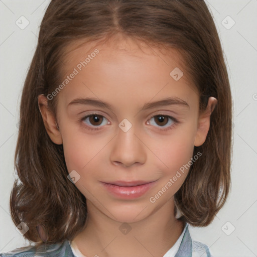 Joyful white child female with medium  brown hair and brown eyes