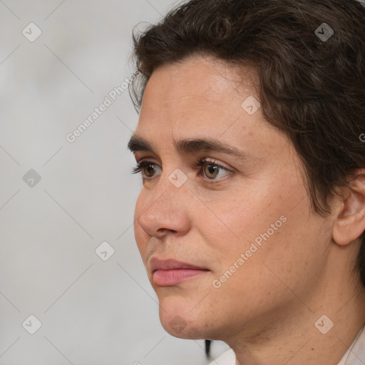 Neutral white young-adult female with short  brown hair and brown eyes